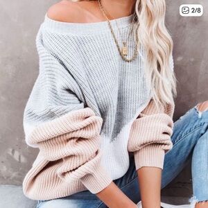 Vici Oversized Knit Sweater - Chevron Cream and Grey Color block
